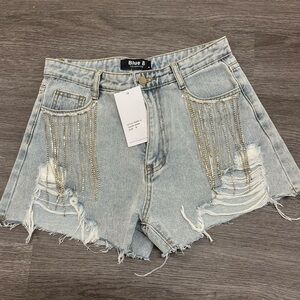 Blue B Rhinestone Fringe Jean Shorts